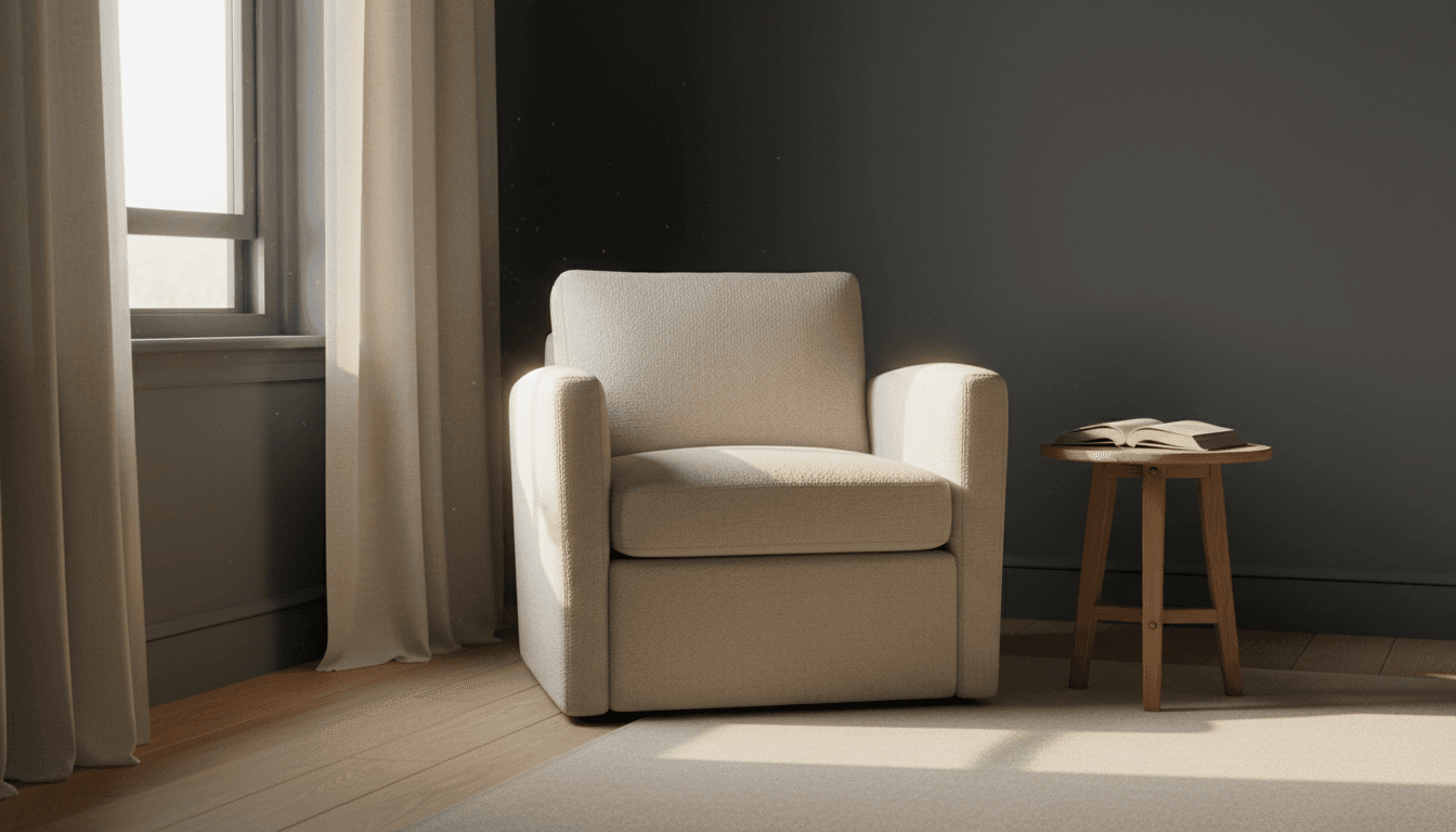 Empty reading chair by a sunlit window