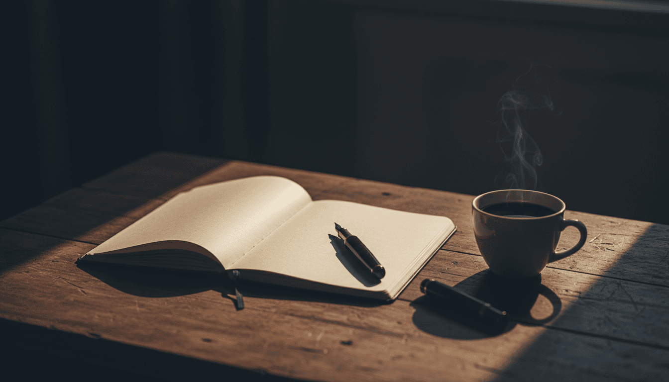 Open notebook and fountain pen on a wooden desk in a dimly lit room