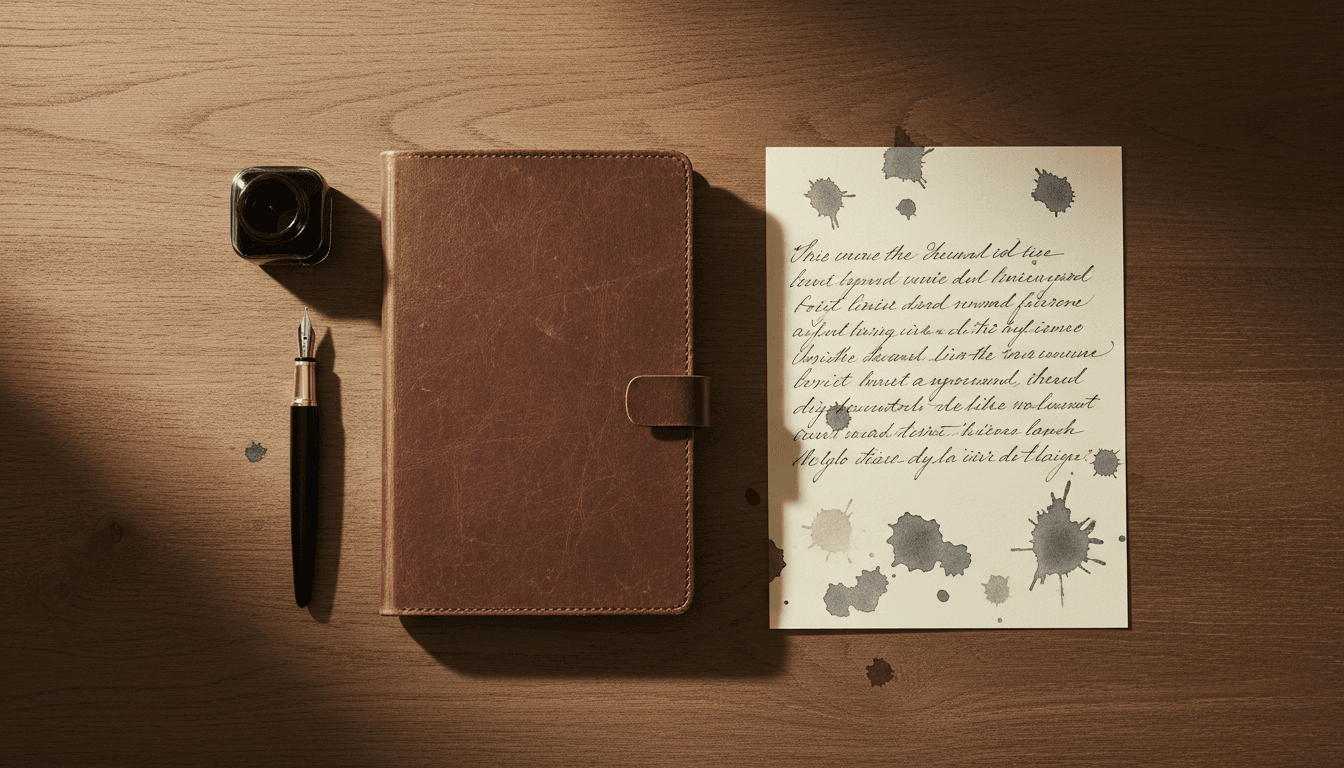 Open notebook and fountain pen on a wooden desk