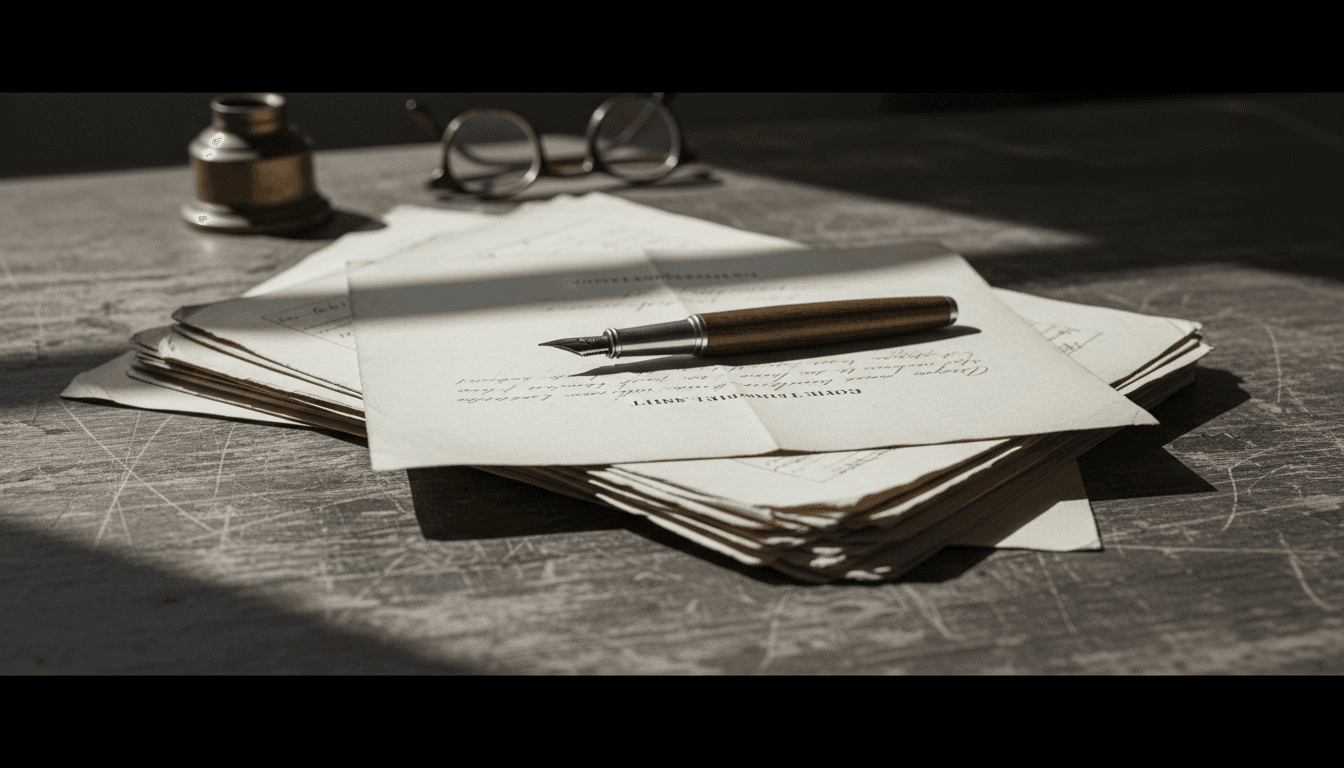 A fountain pen resting on a stack of vintage government documents on a worn wooden desk.