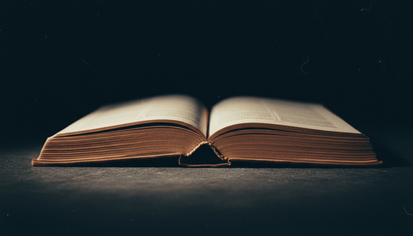 Open book on a dark surface under a reading lamp