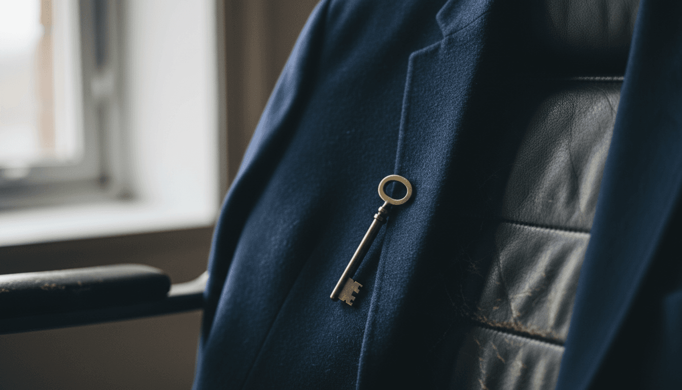 A brass key resting on the navy wool fabric of a blazer thrown over an office chair.
