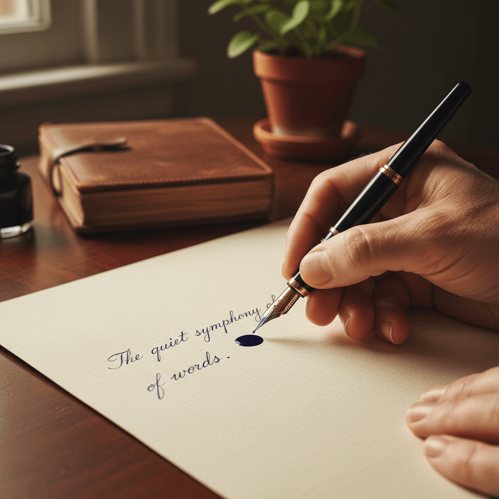 Close-up of a hand writing in a leather journal with a fountain pen