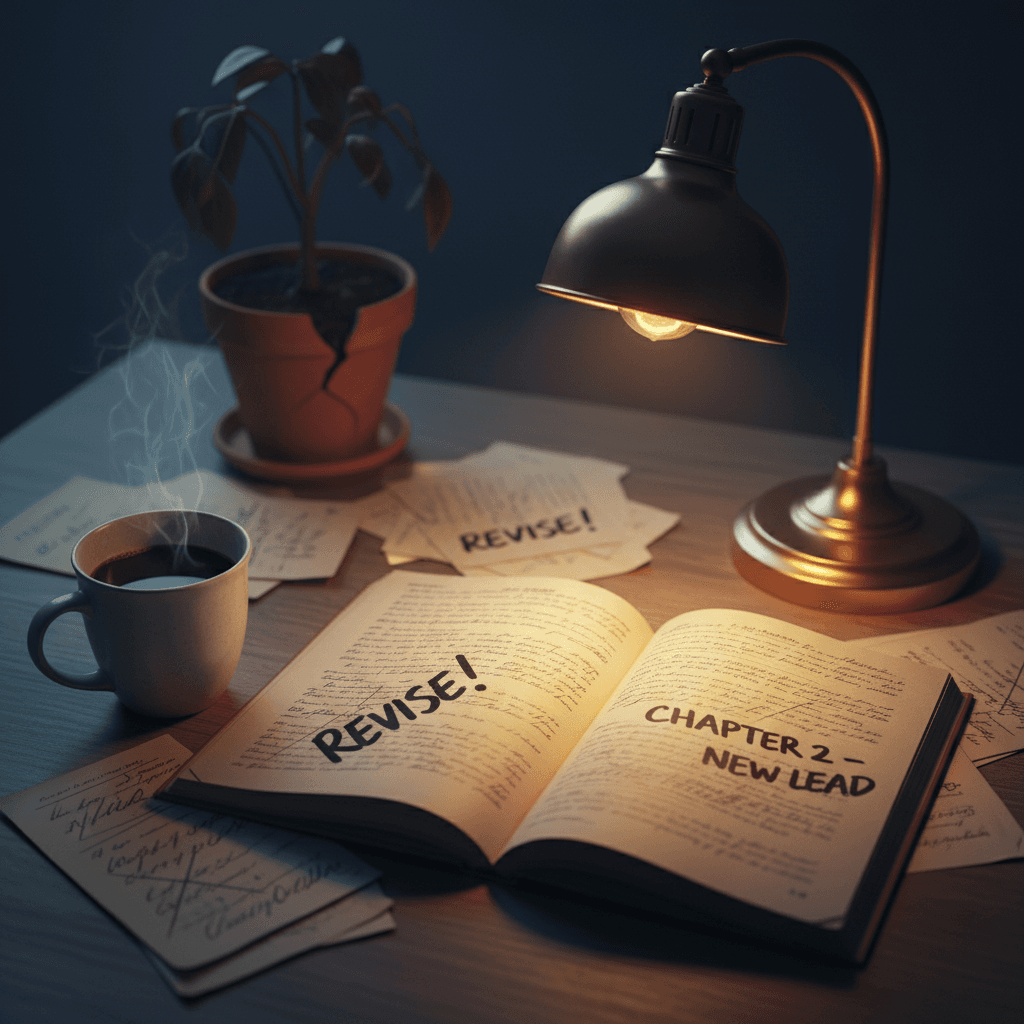 A writer's desk at dawn with handwritten notes and a cup of tea