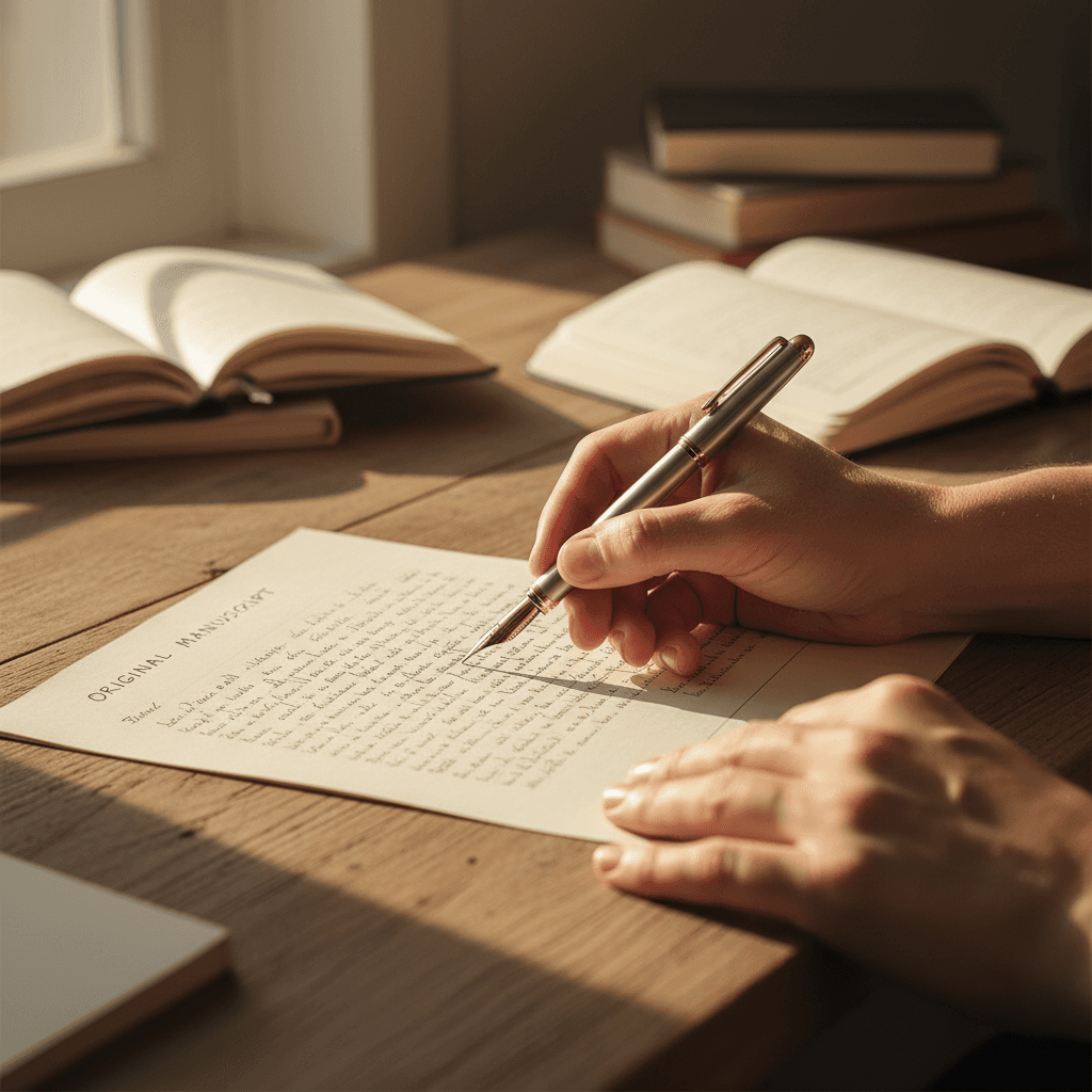 Hand writing in a leather notebook on a dark wooden desk with a fountain pen, glasses, and coffee nearby