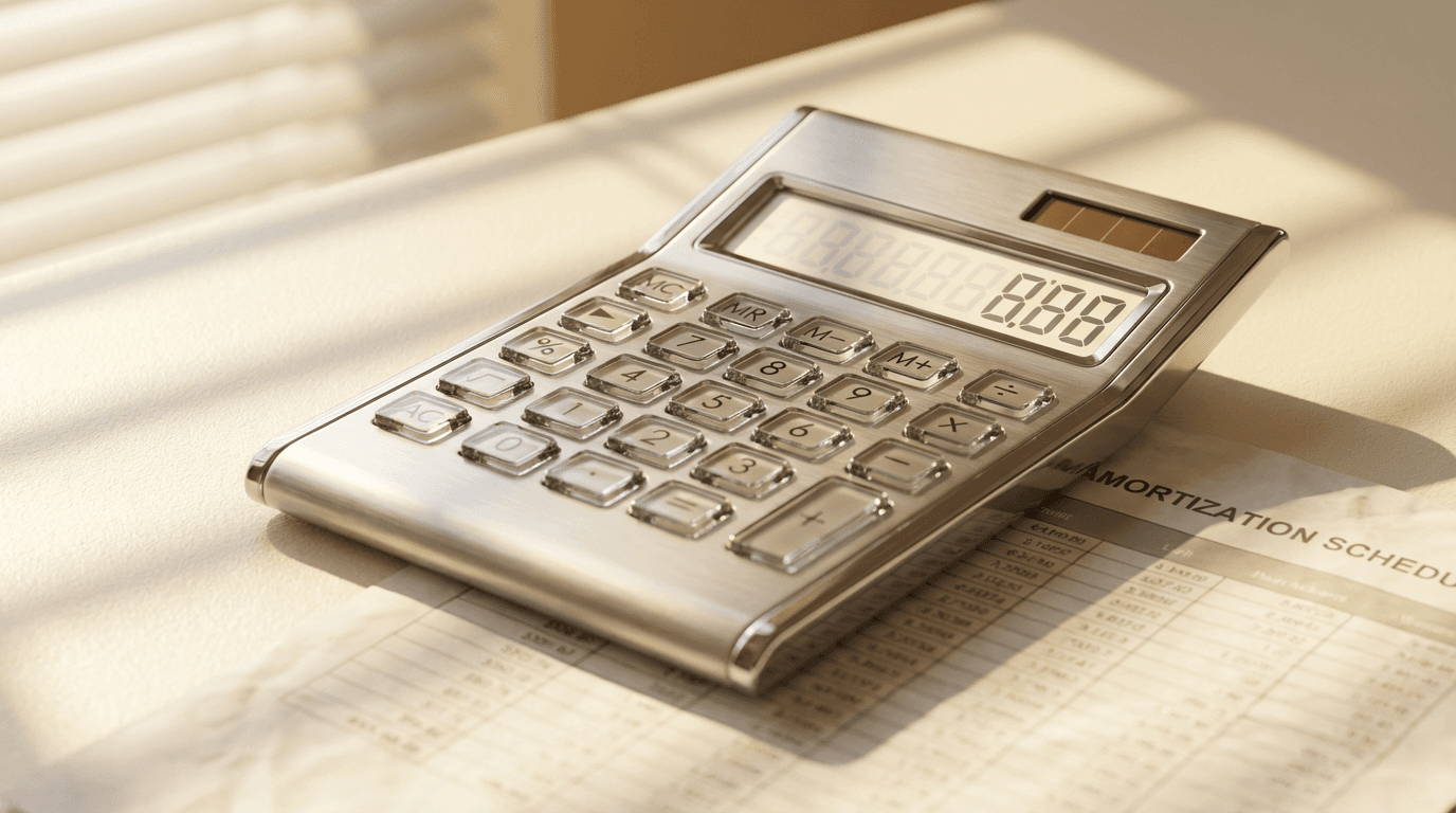 Calculator, passbook, and green ledger on a desk