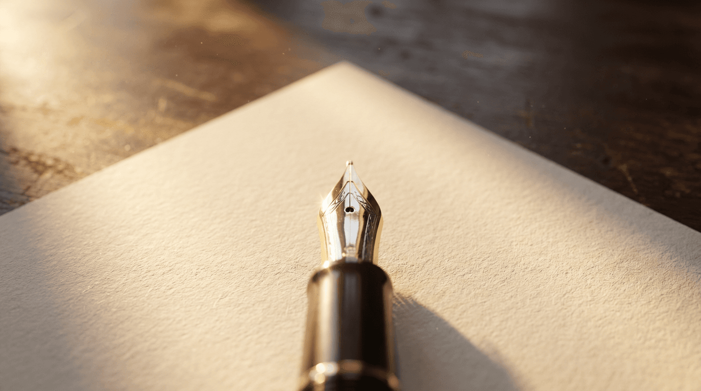 Fountain pen on paper on a wooden desk
