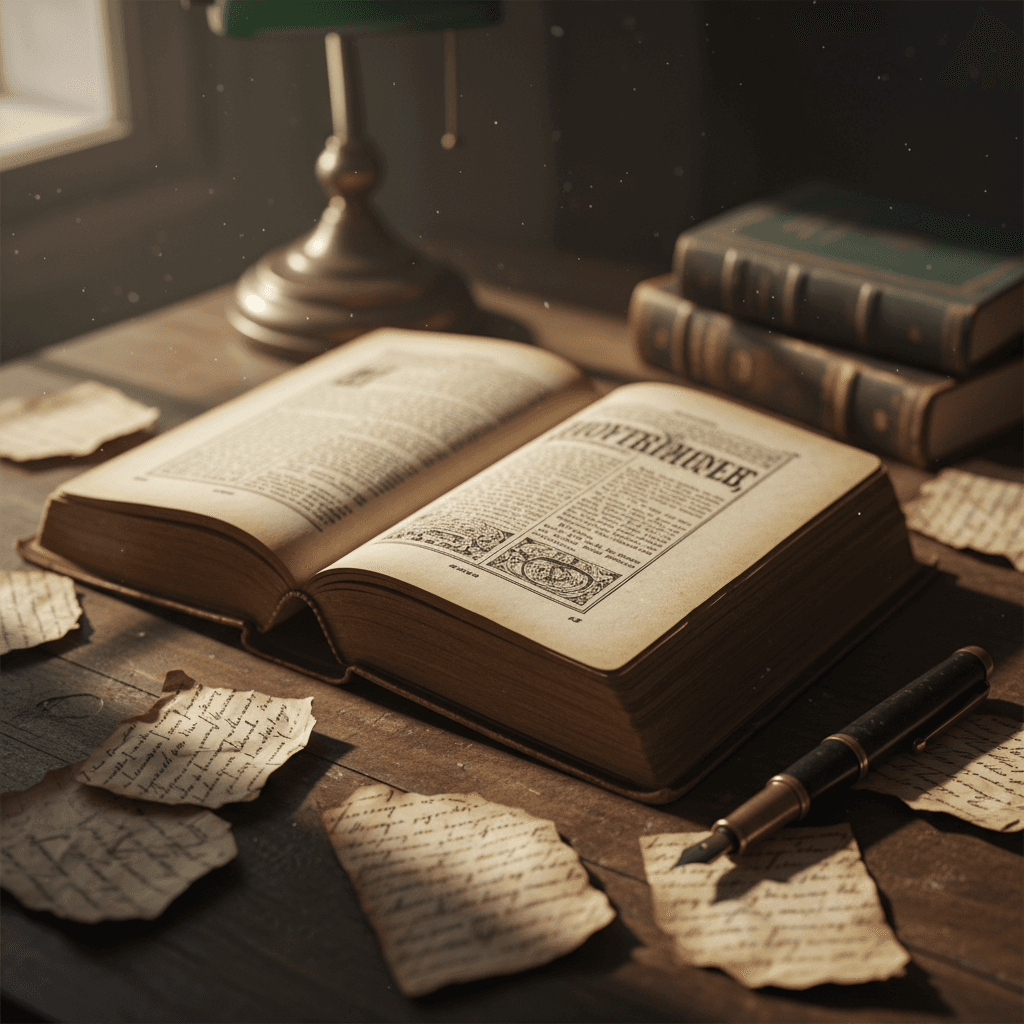 An open annotated book with a fountain pen on a wooden table