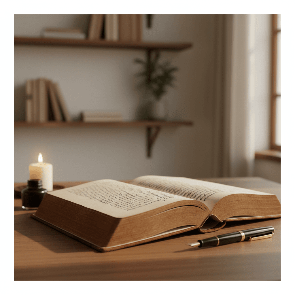 A wooden desk with books and a fountain pen, natural light from left